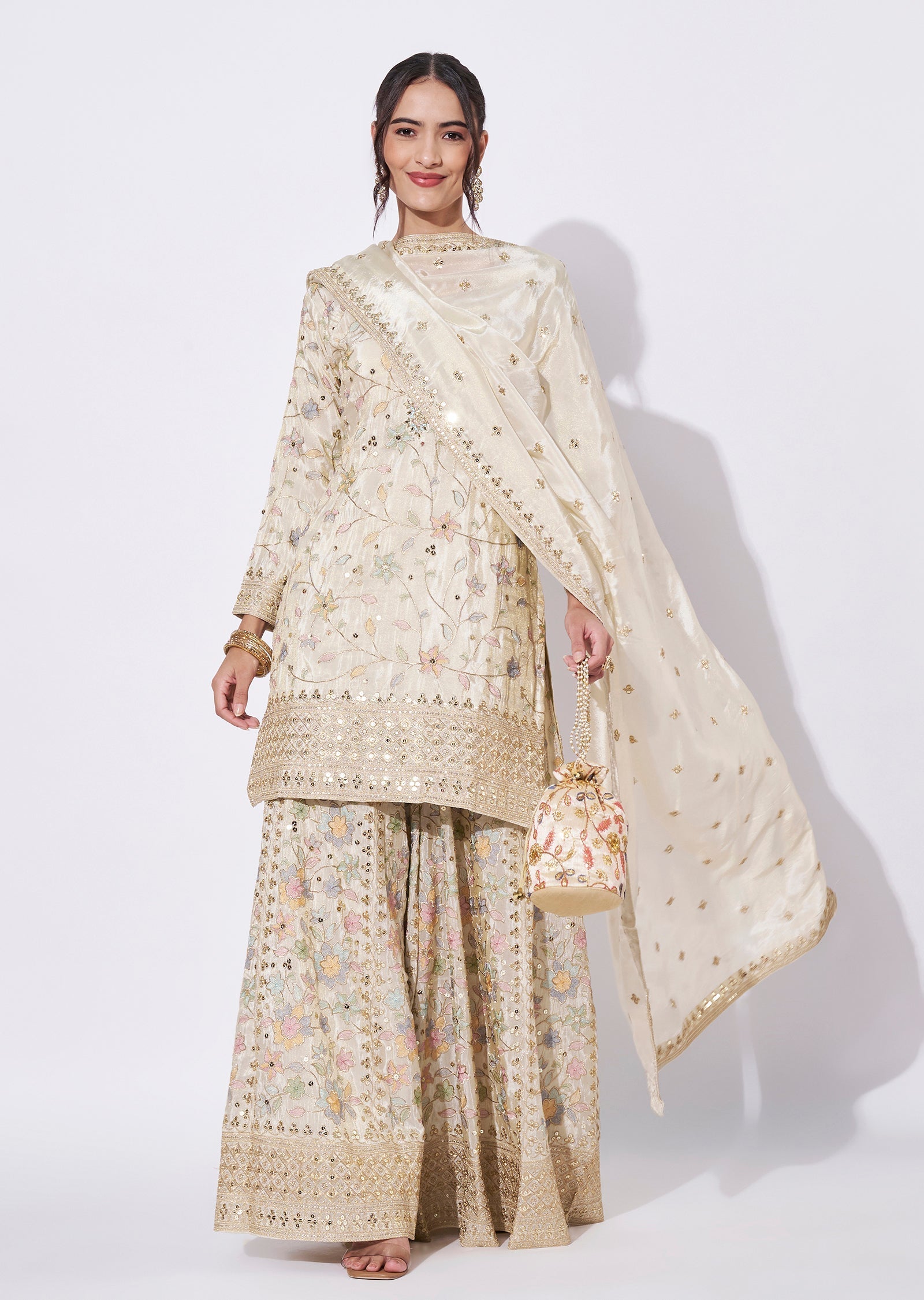 Cream Tissue Sharara Set