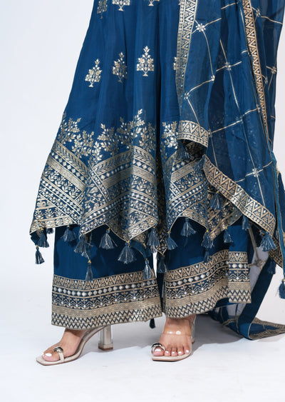 Blue Chinnon Anarkali Set