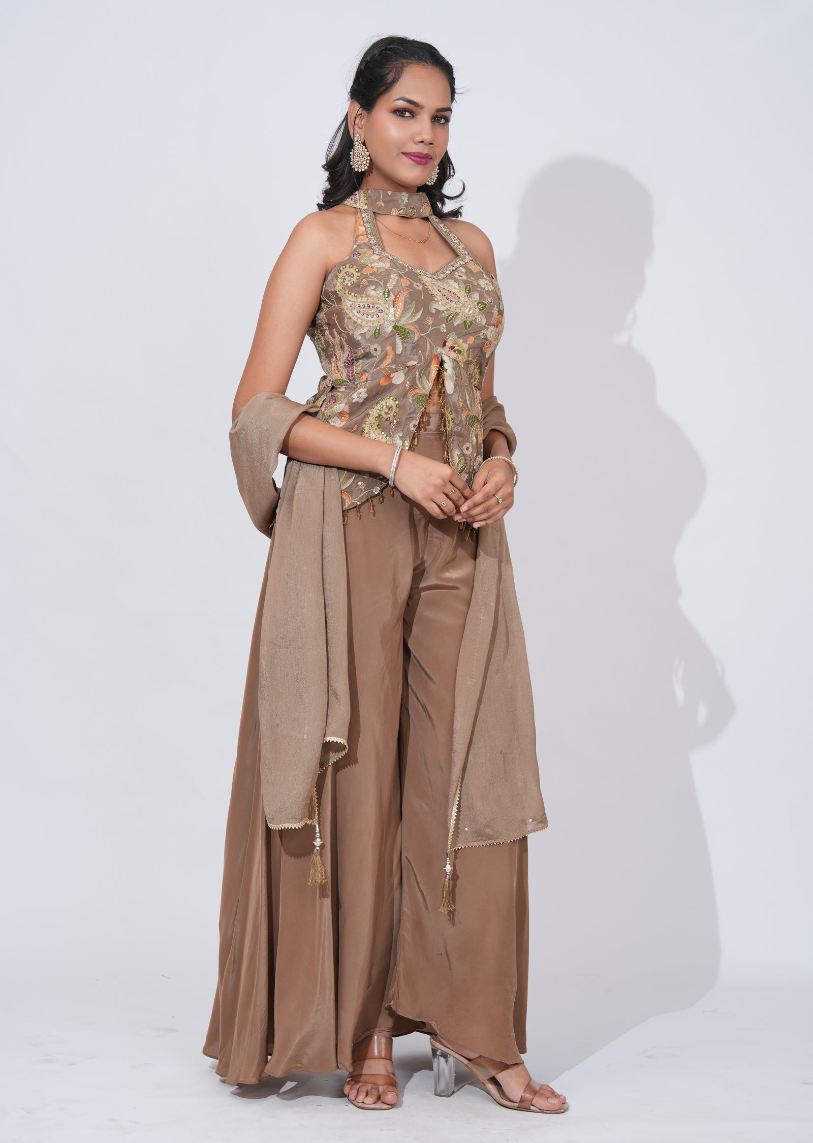 Beige Chinnon Sharara Set