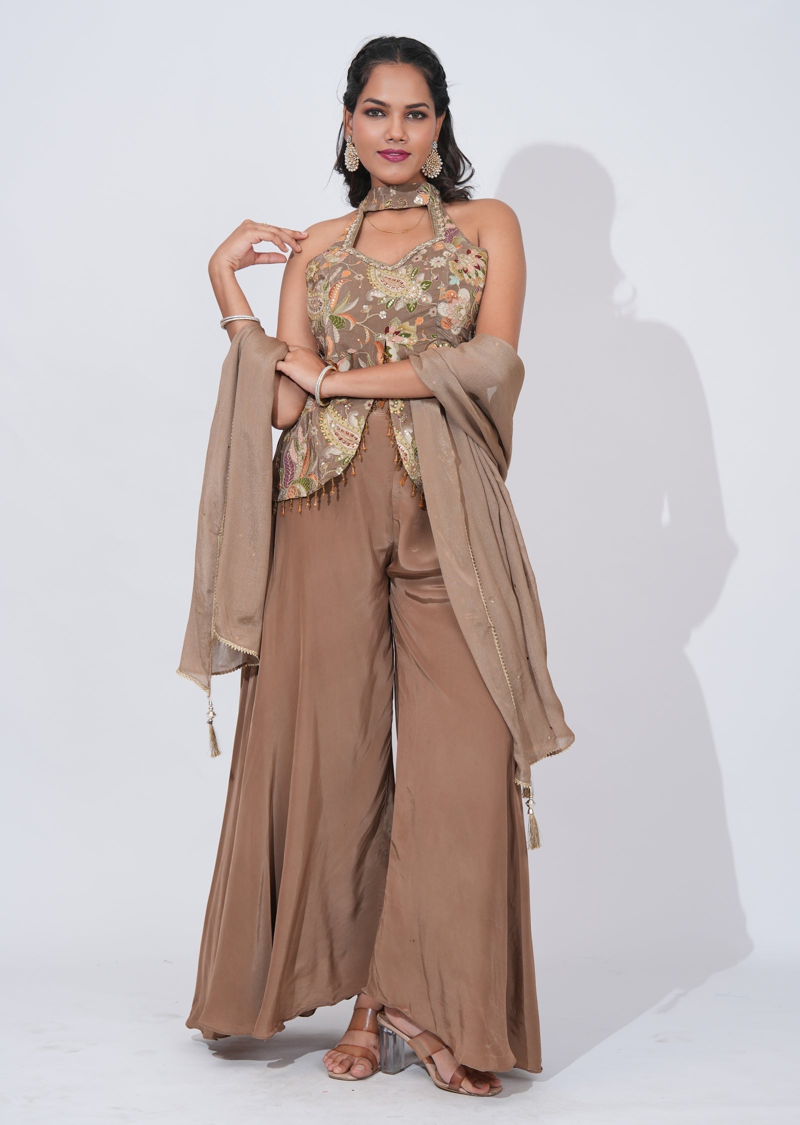 Beige Chinnon Sharara Set