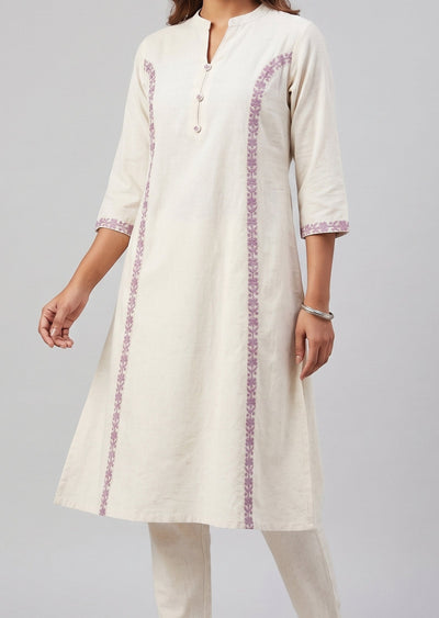 Cream & purple Cotton Kurti Set