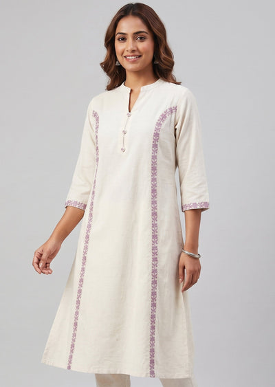 Cream & purple Cotton Kurti Set