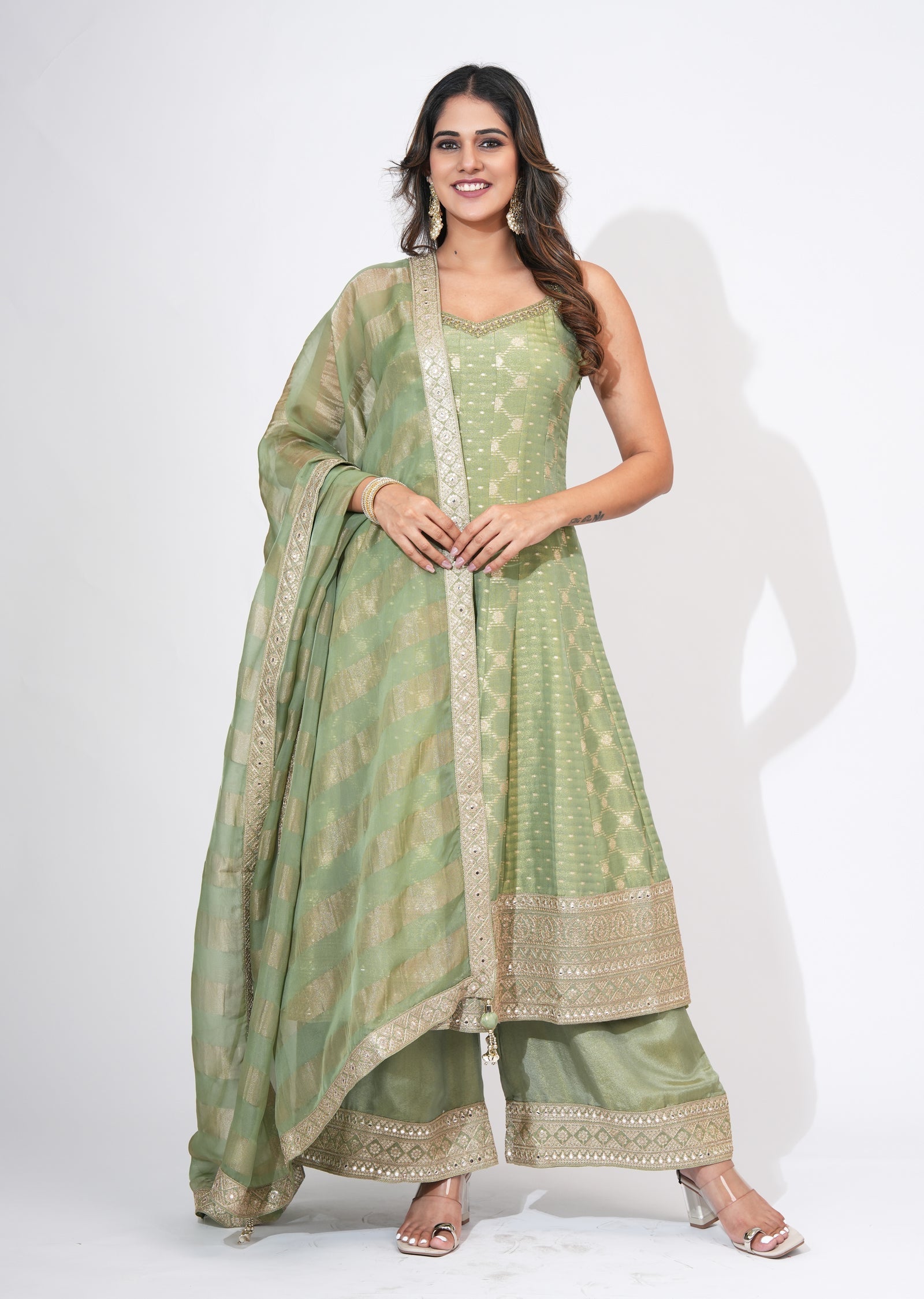 Green Tissue Anarkali Set
