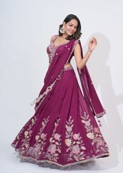 Wine Georgette Lehenga Set