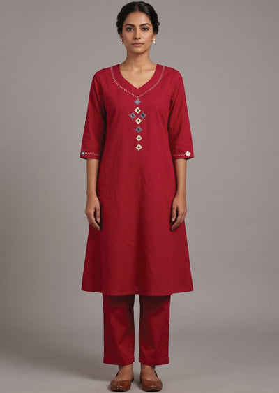 Red Cotton Kurti Set
