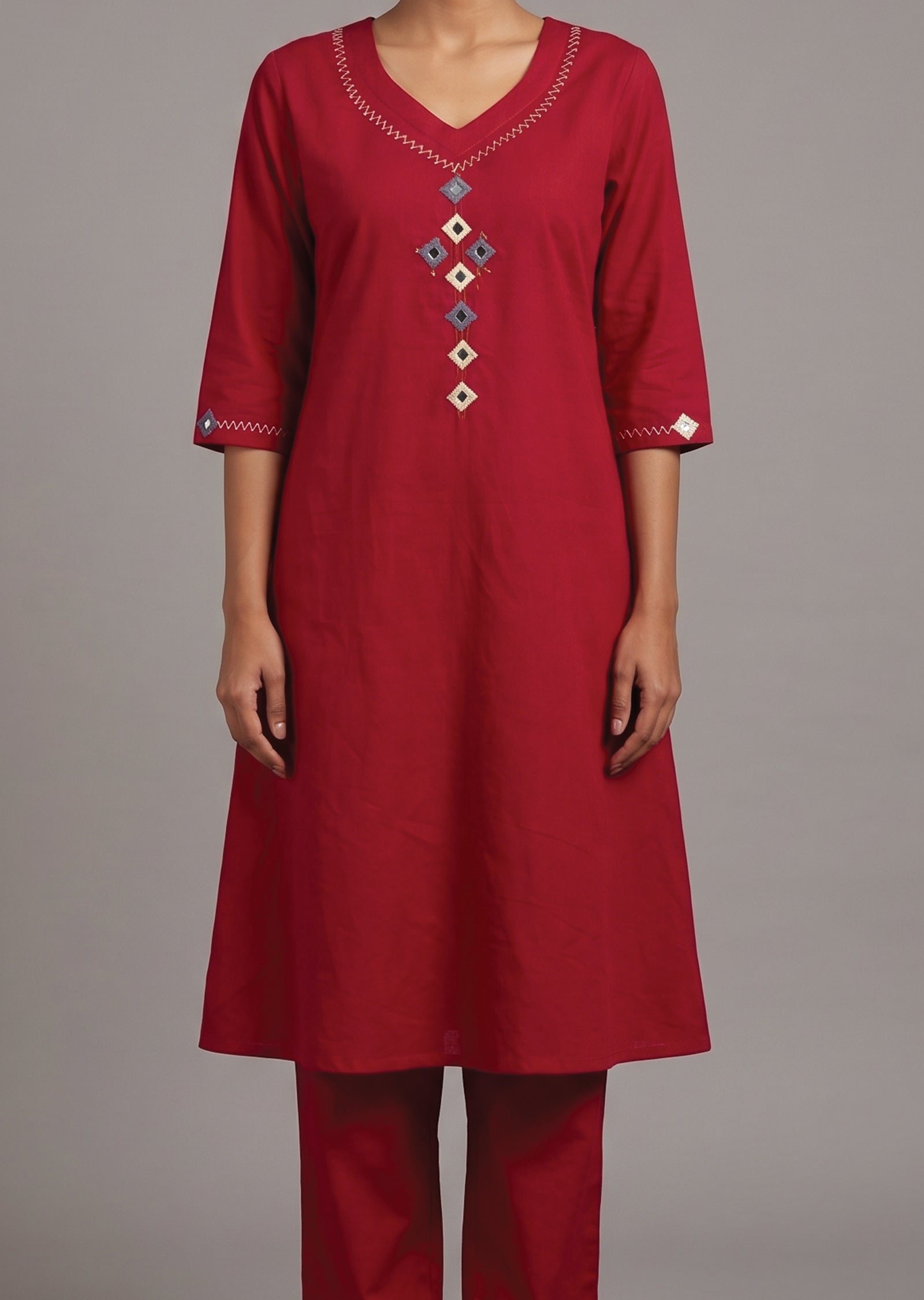 Red Cotton Kurti Set