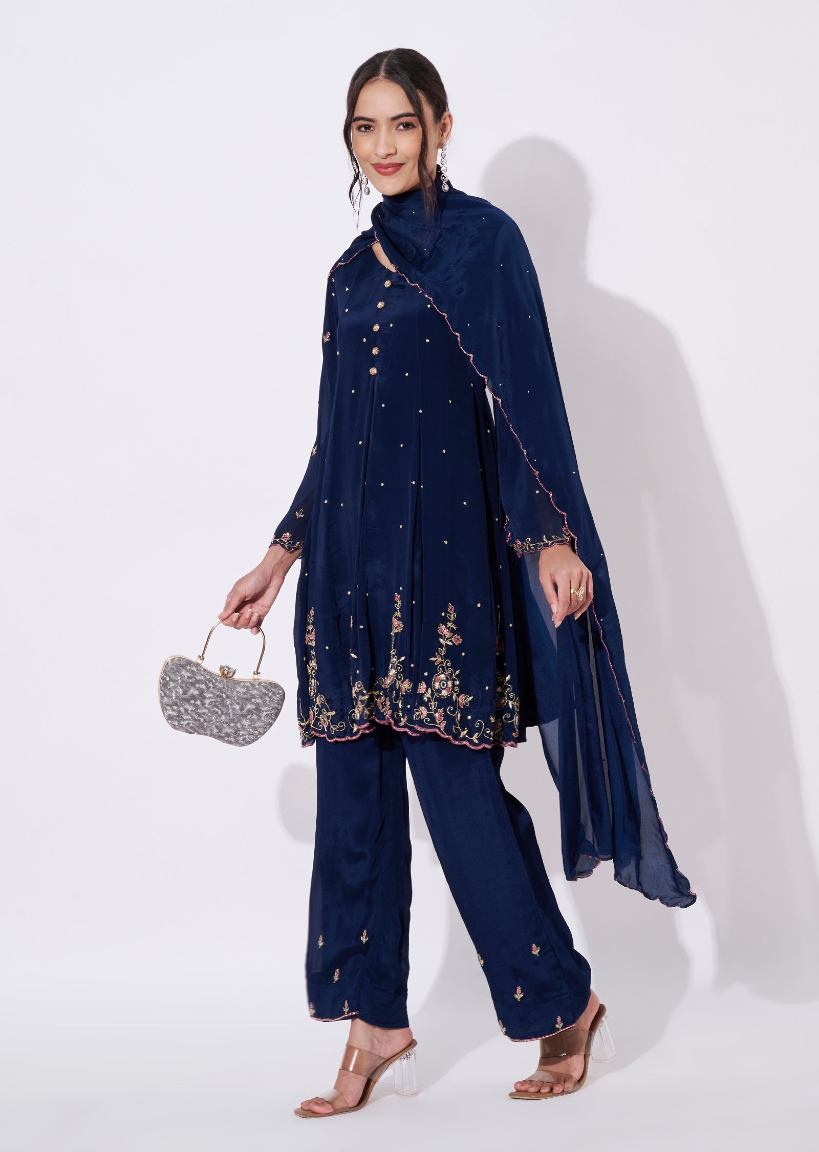 Navy Blue Chinnon Sharara Set