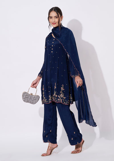 Navy Blue Chinnon Sharara Set