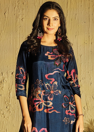Navy Blue Dola Silk Kurti Set