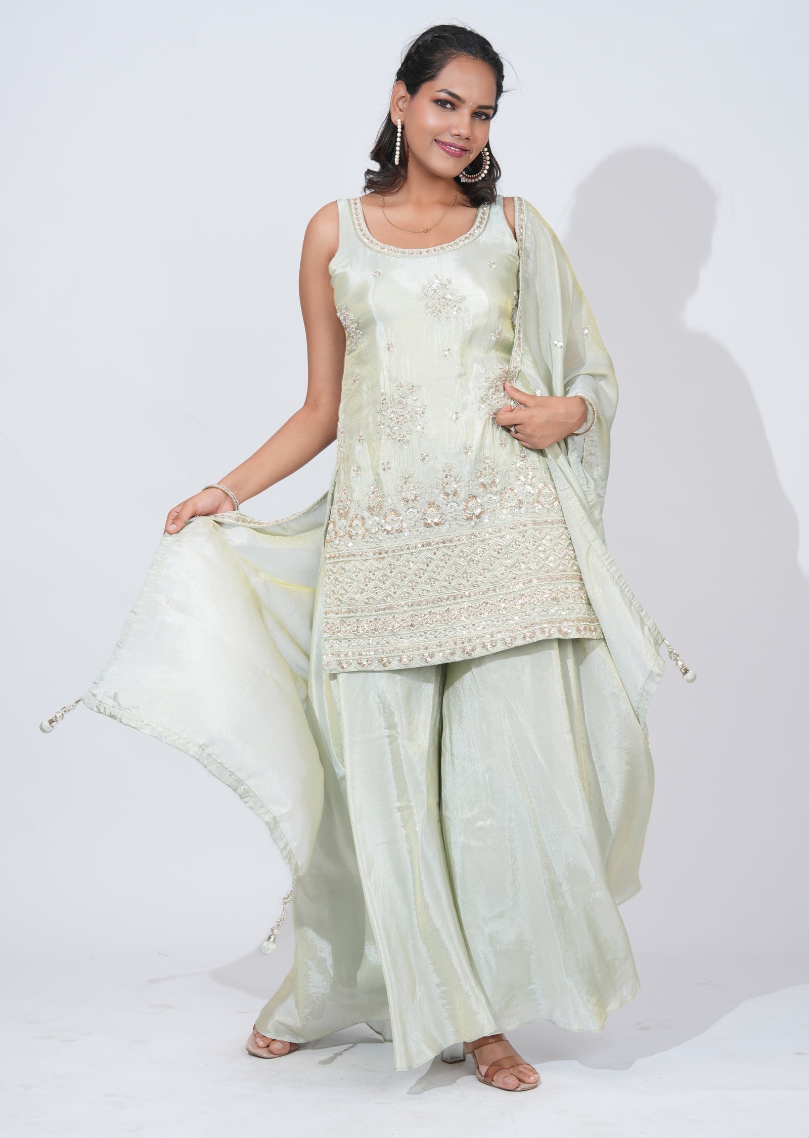 Green Tissue Sharara Set