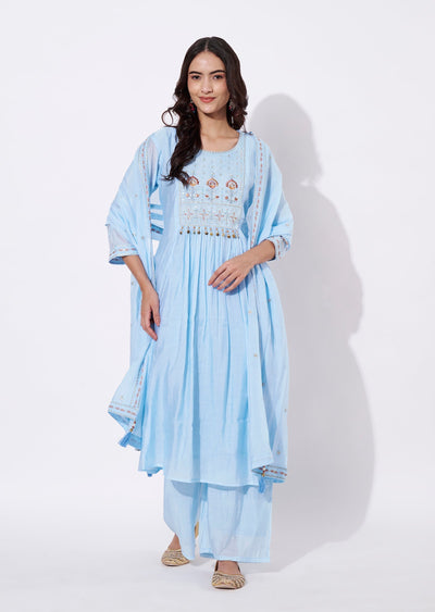 Sky blue Mul Chanderi Anarkali Suit