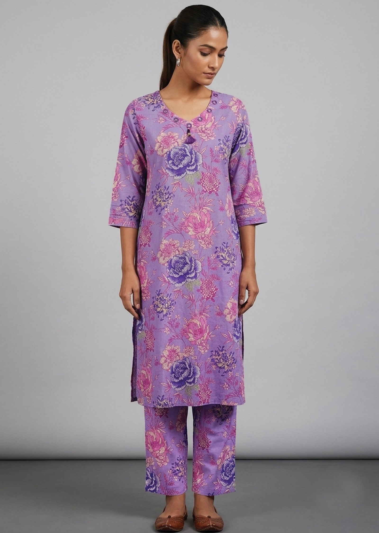 Light Purple Printed Cotton Kurti Set