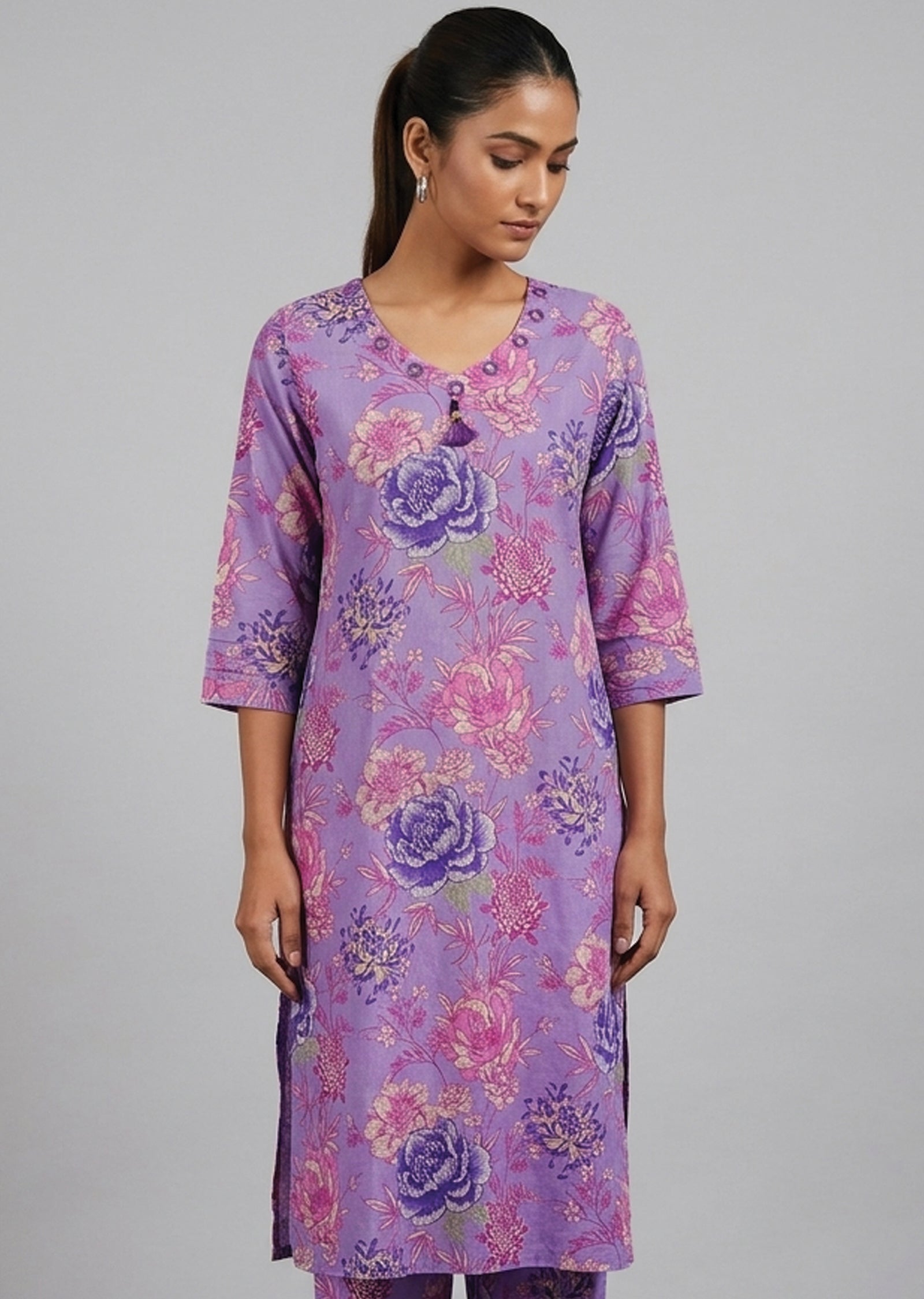 Light Purple Printed Cotton Kurti Set