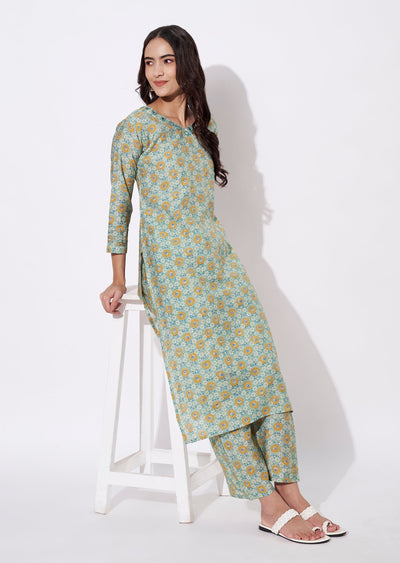 Dusty Green Linen Silk Kurti Set