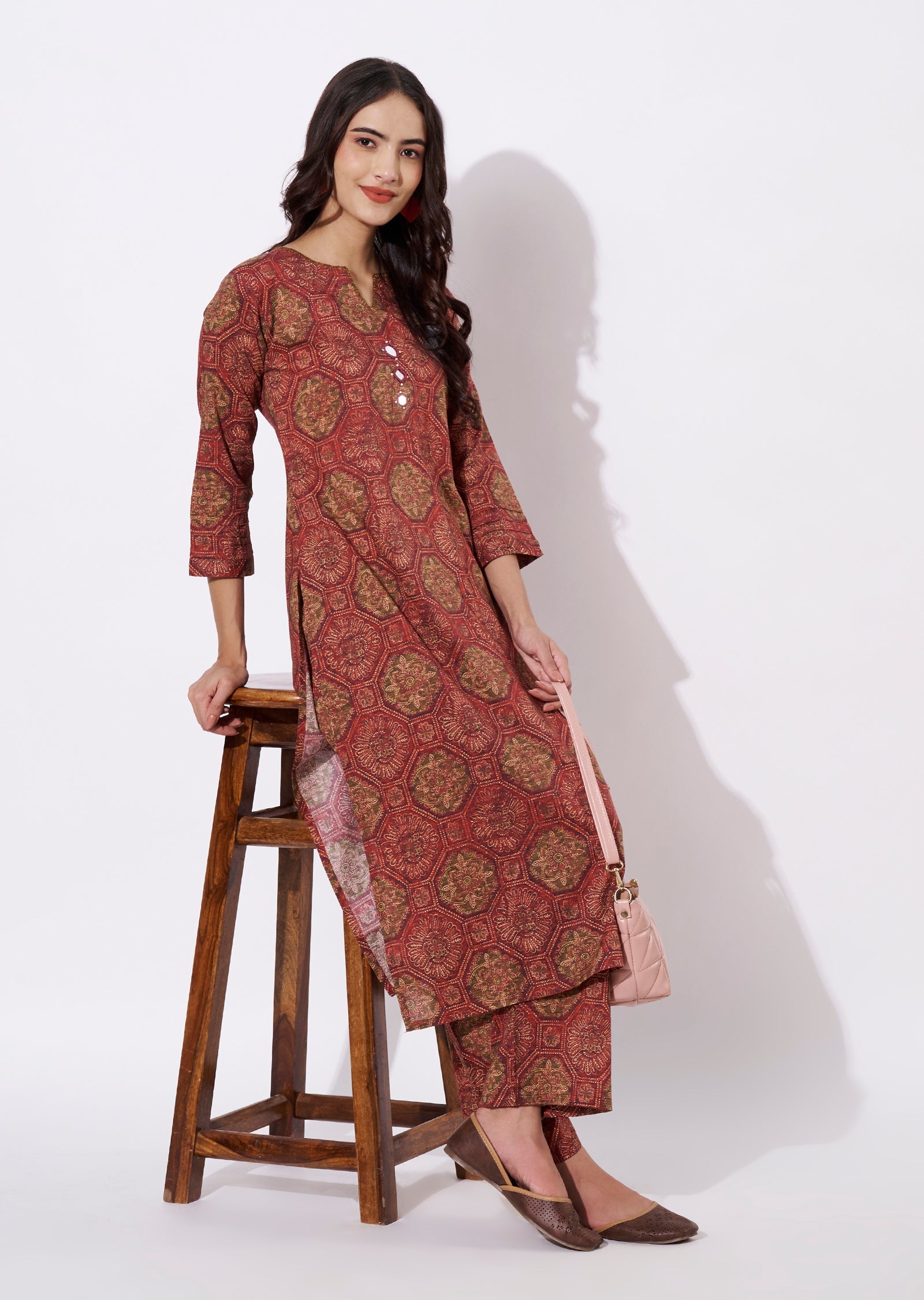 Brown & Magenta Linen Silk Kurti Set