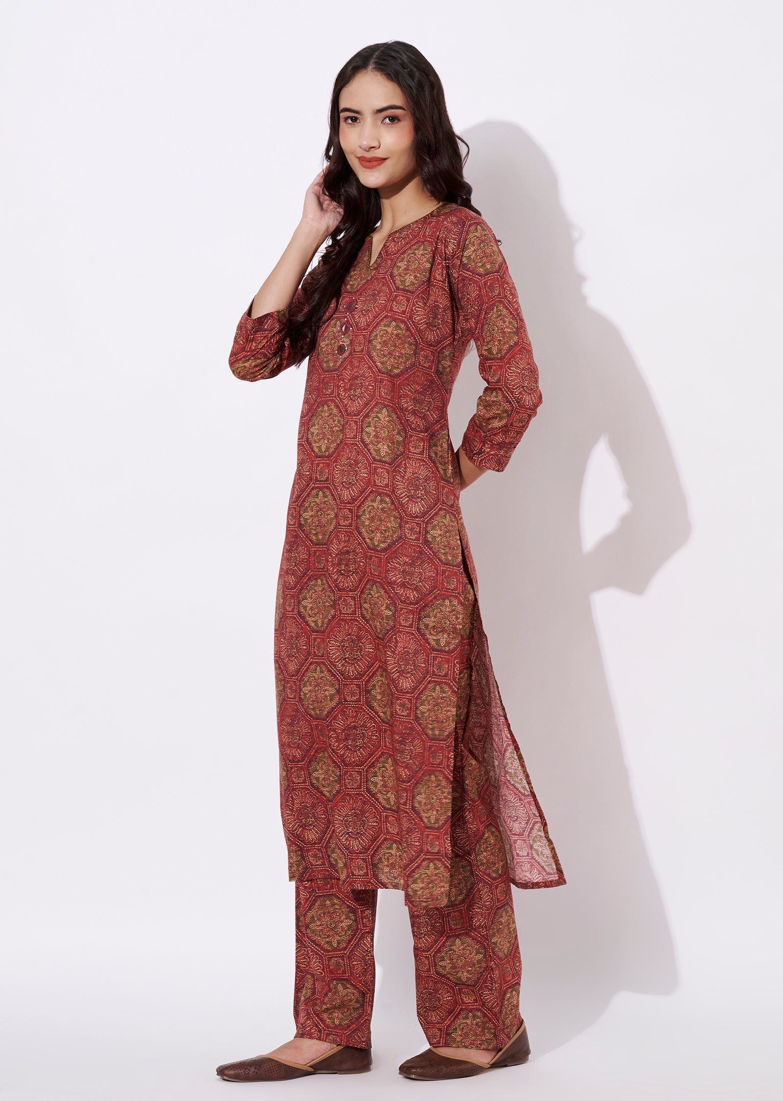 Brown & Magenta Linen Silk Kurti Set