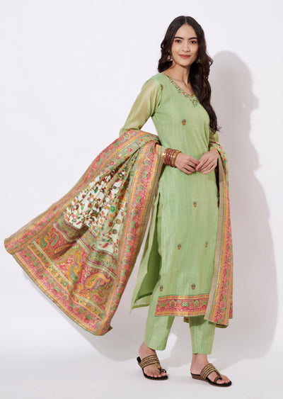 Parrot Green Chanderi Straight cut suit