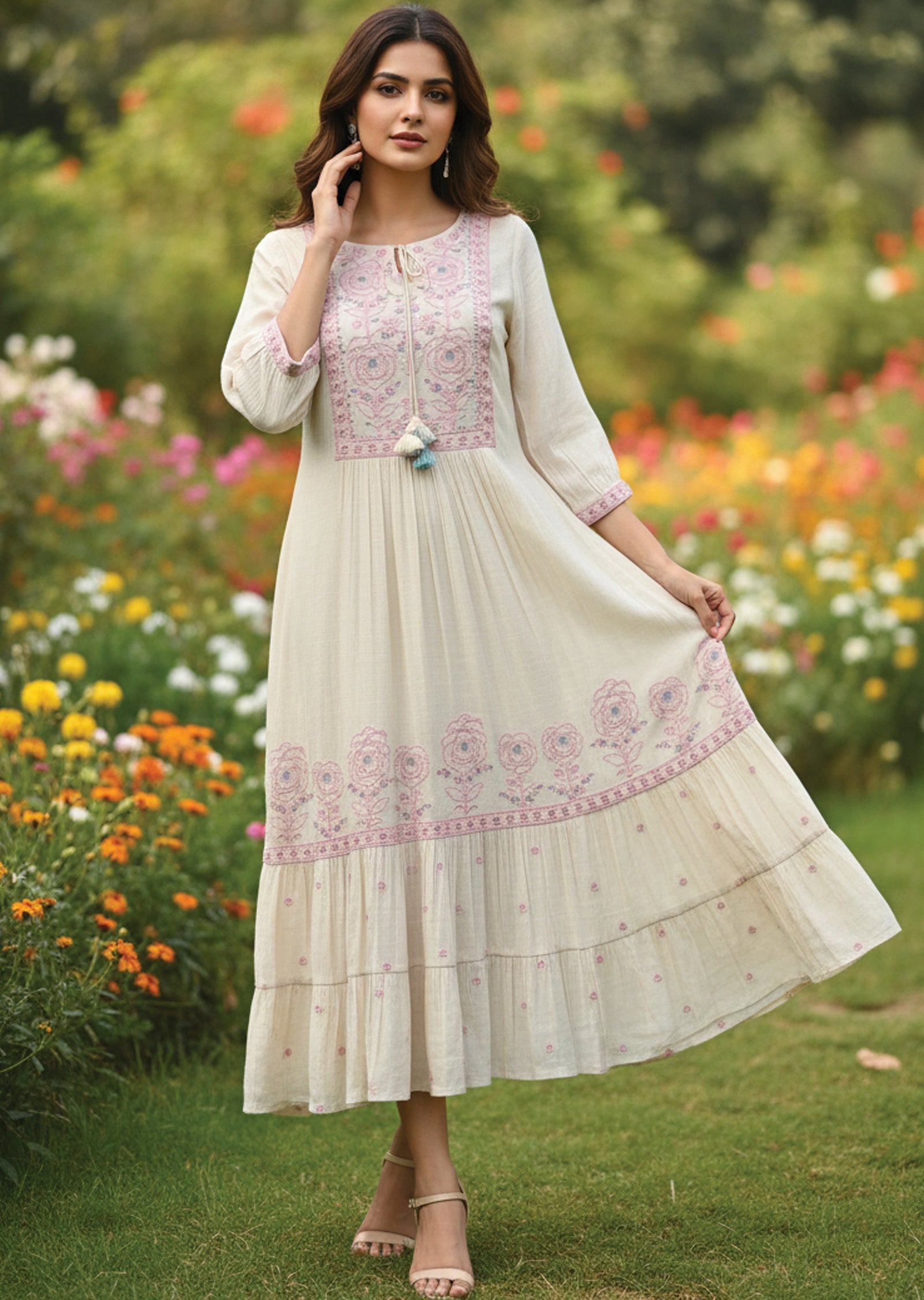 Cream Linen Georgette Frock Kurti