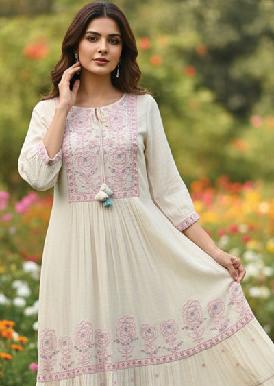 Cream Linen Georgette Frock Kurti