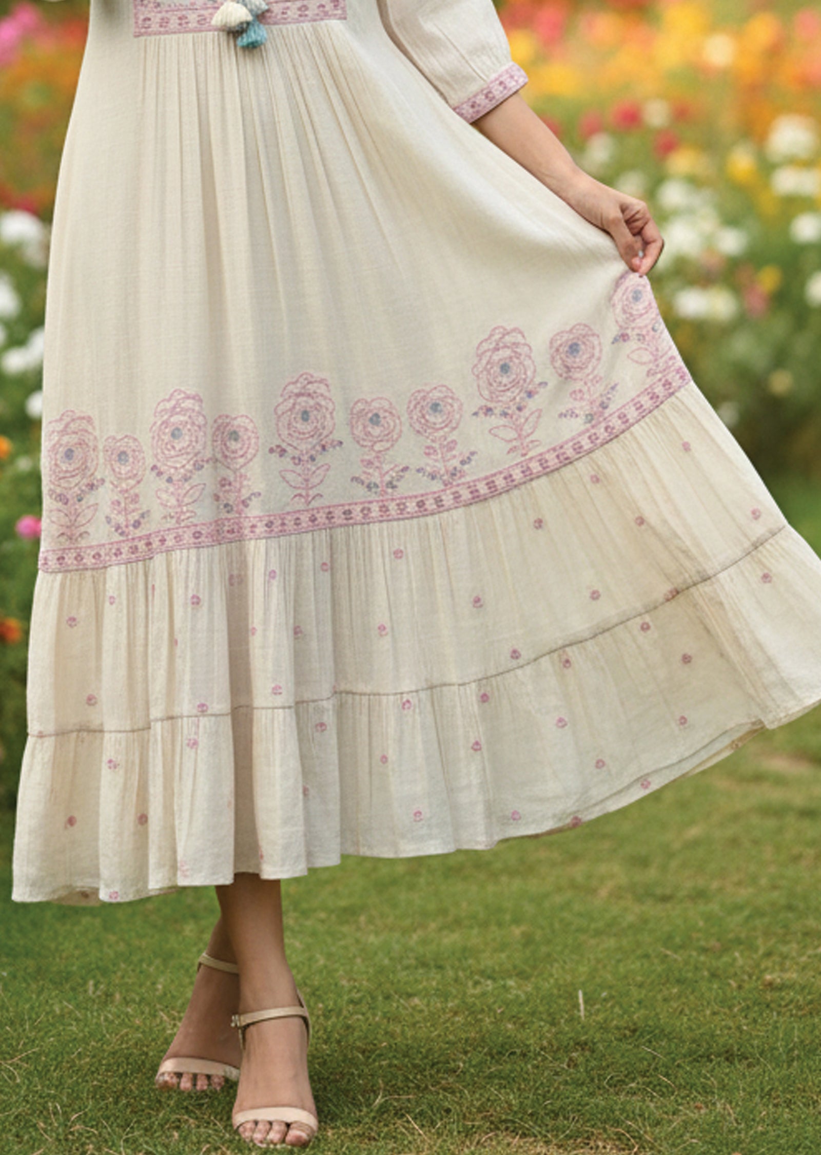 Cream Linen Georgette Frock Kurti