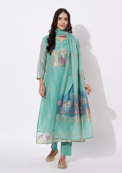 Dusty Green Chanderi Straight cut suit