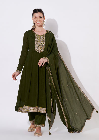 Olive green Chinnon Anarkali Suit