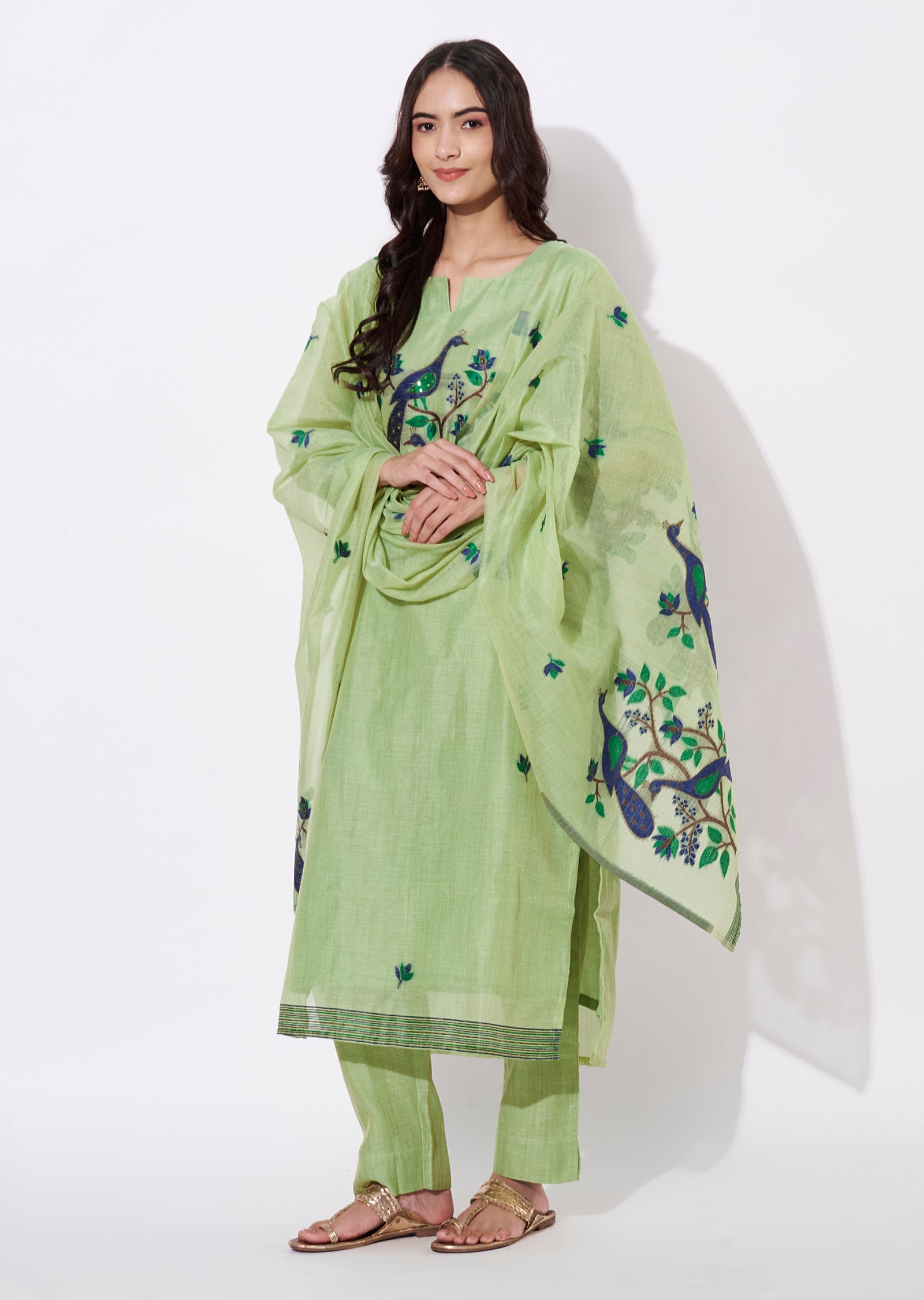 Parrot Green Chanderi Straight cut suit