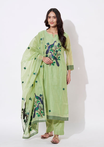 Parrot Green Chanderi Straight cut suit