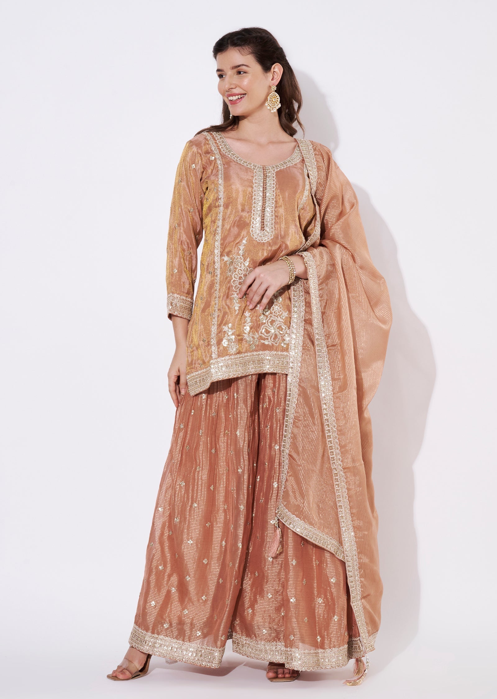 Peach Tissue Sharara Set