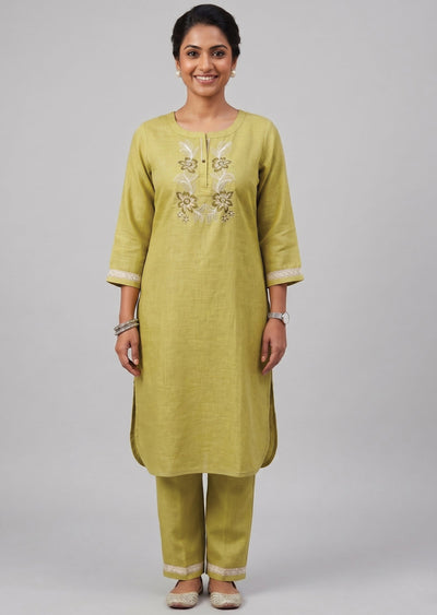 Lime Green Linen Cotton Kurti Set