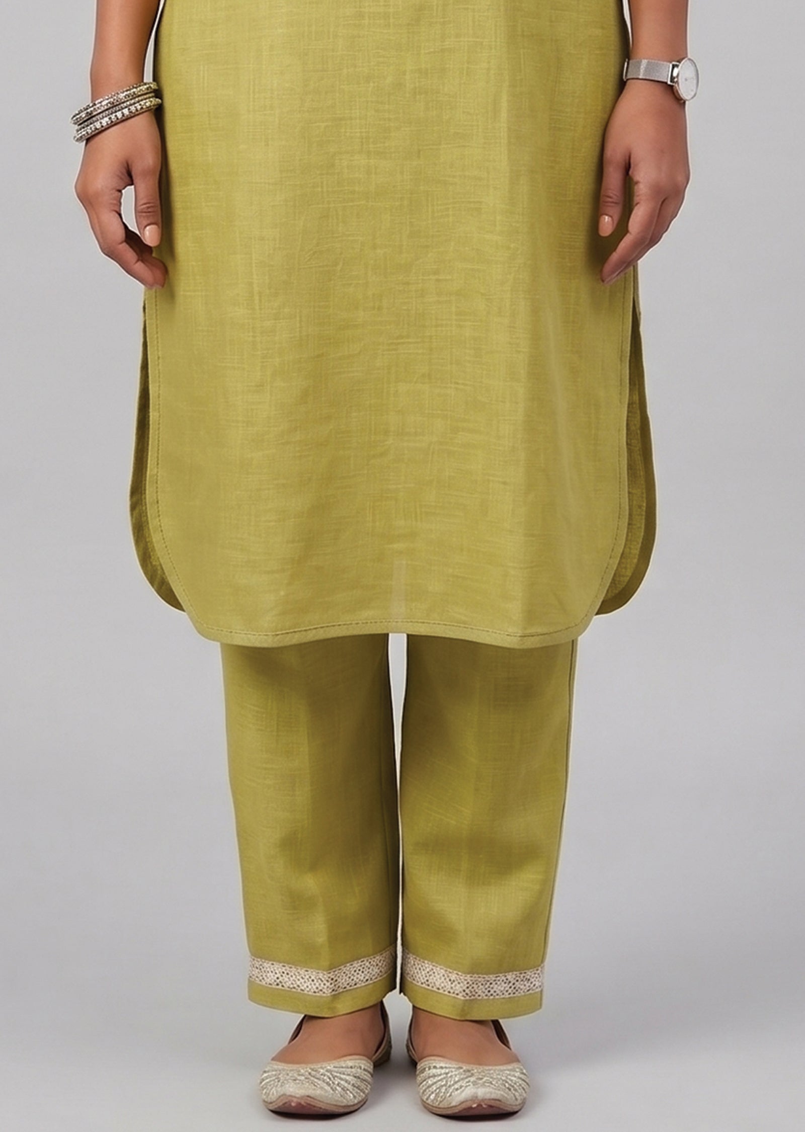 Lime Green Linen Cotton Kurti Set