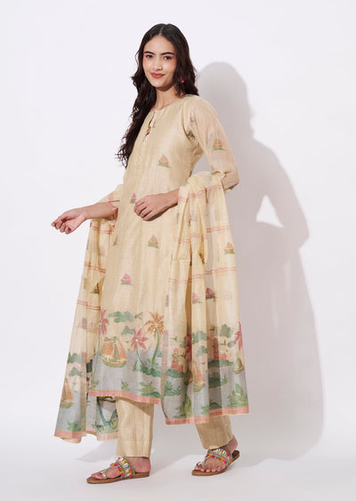 Dart Beige Chanderi Straight cut suit
