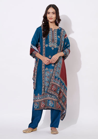 Teal Blue Muslin Straight cut suit