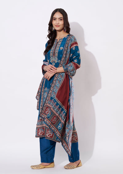 Teal Blue Muslin Straight cut suit