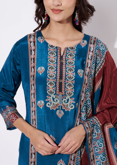 Teal Blue Muslin Straight cut suit