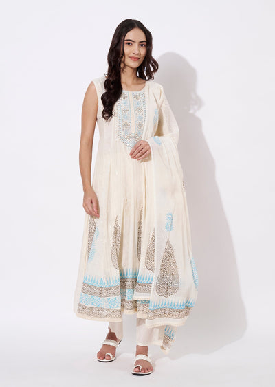 Off White Cotton Anarkali Suit