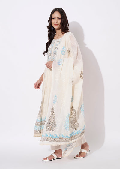 Off White Cotton Anarkali Suit