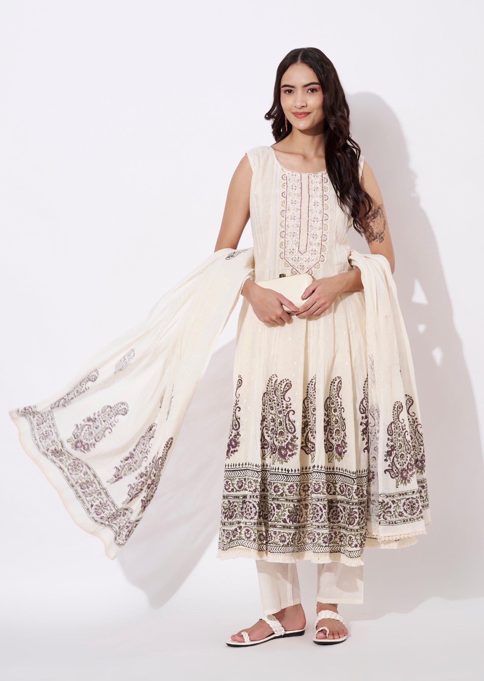 Off White Cotton Anarkali Suit