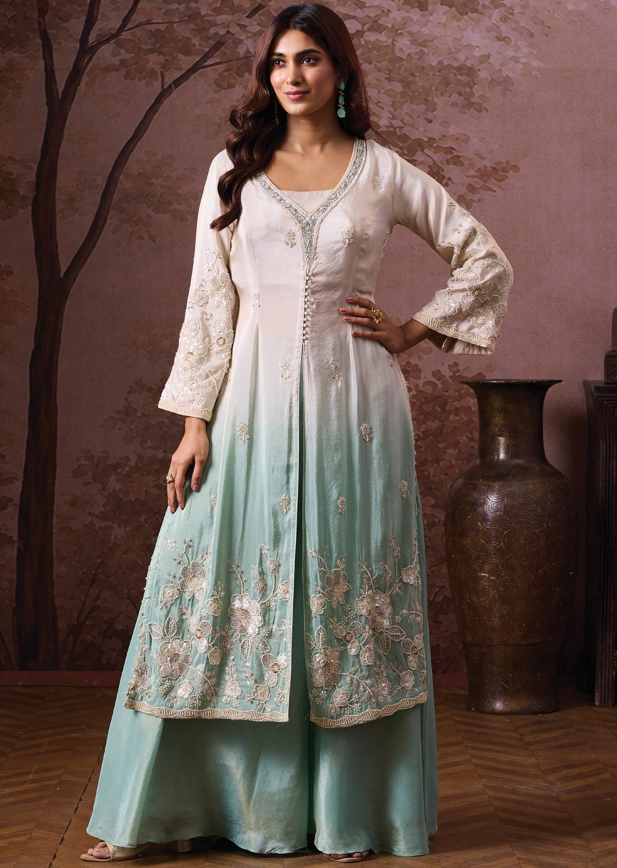 Cream Tissue Indowestern Set