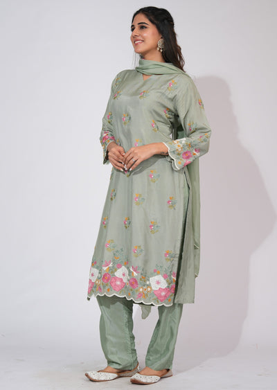 Light Green Silk Straight cut suit