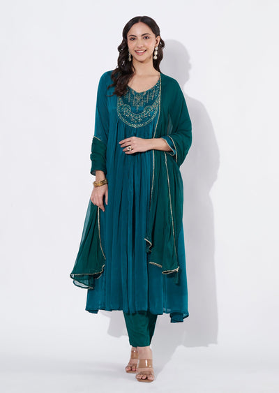Green Chinnon Anarkali suit