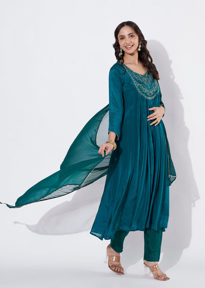 Green Chinnon Anarkali suit