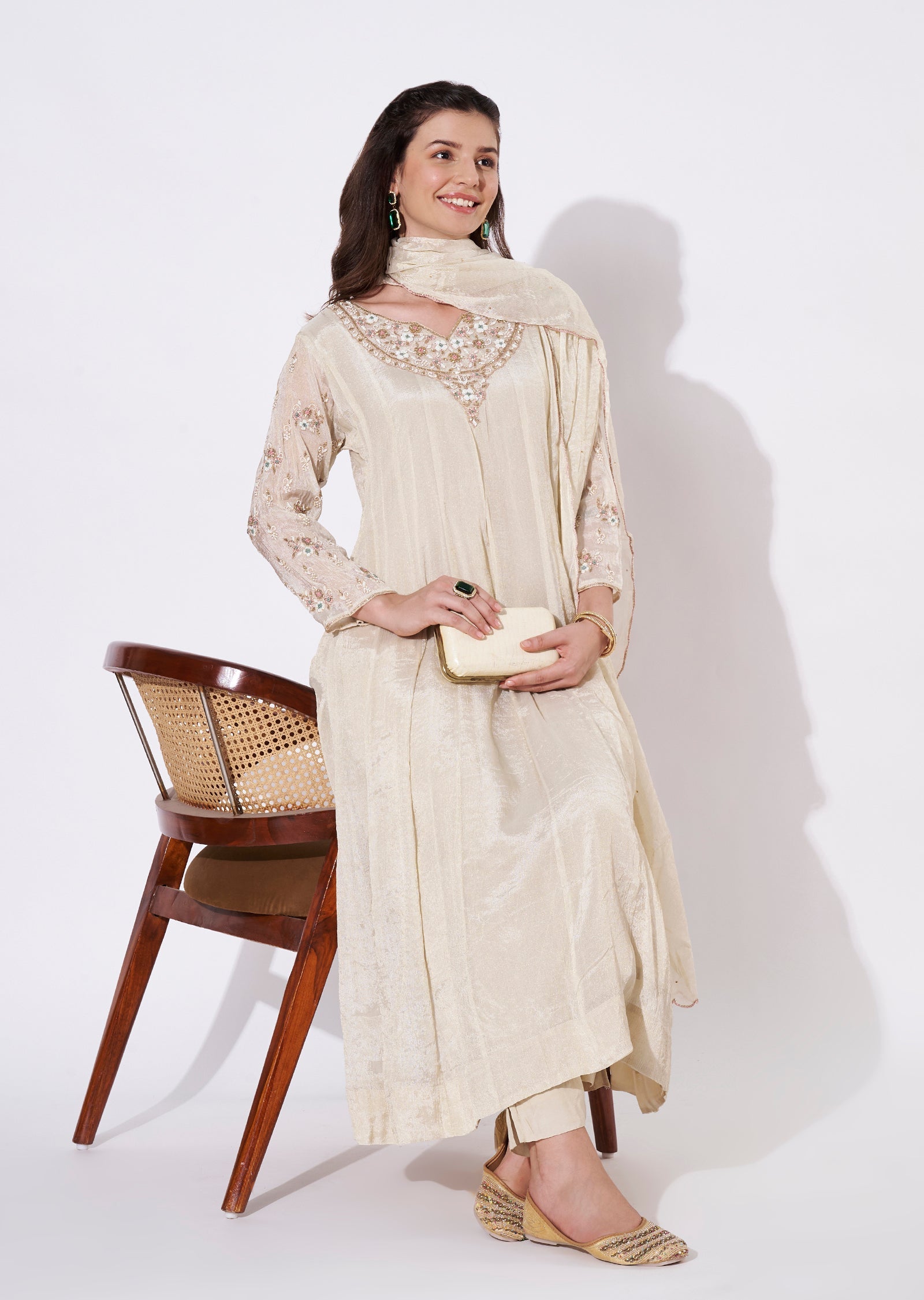 Two toned Cream Tissue Anarkali Suit