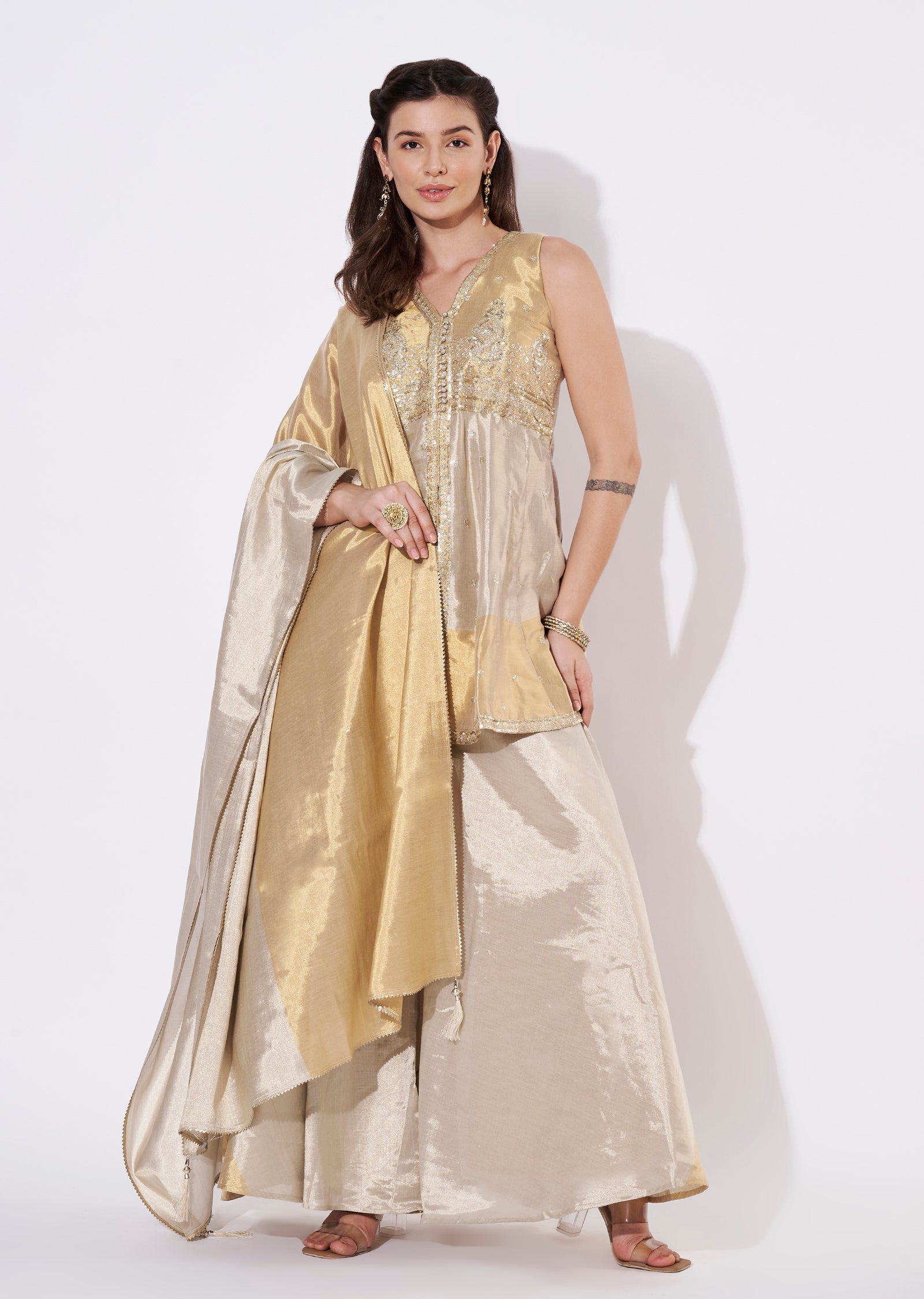 Two toned gold tissue Sharara Set