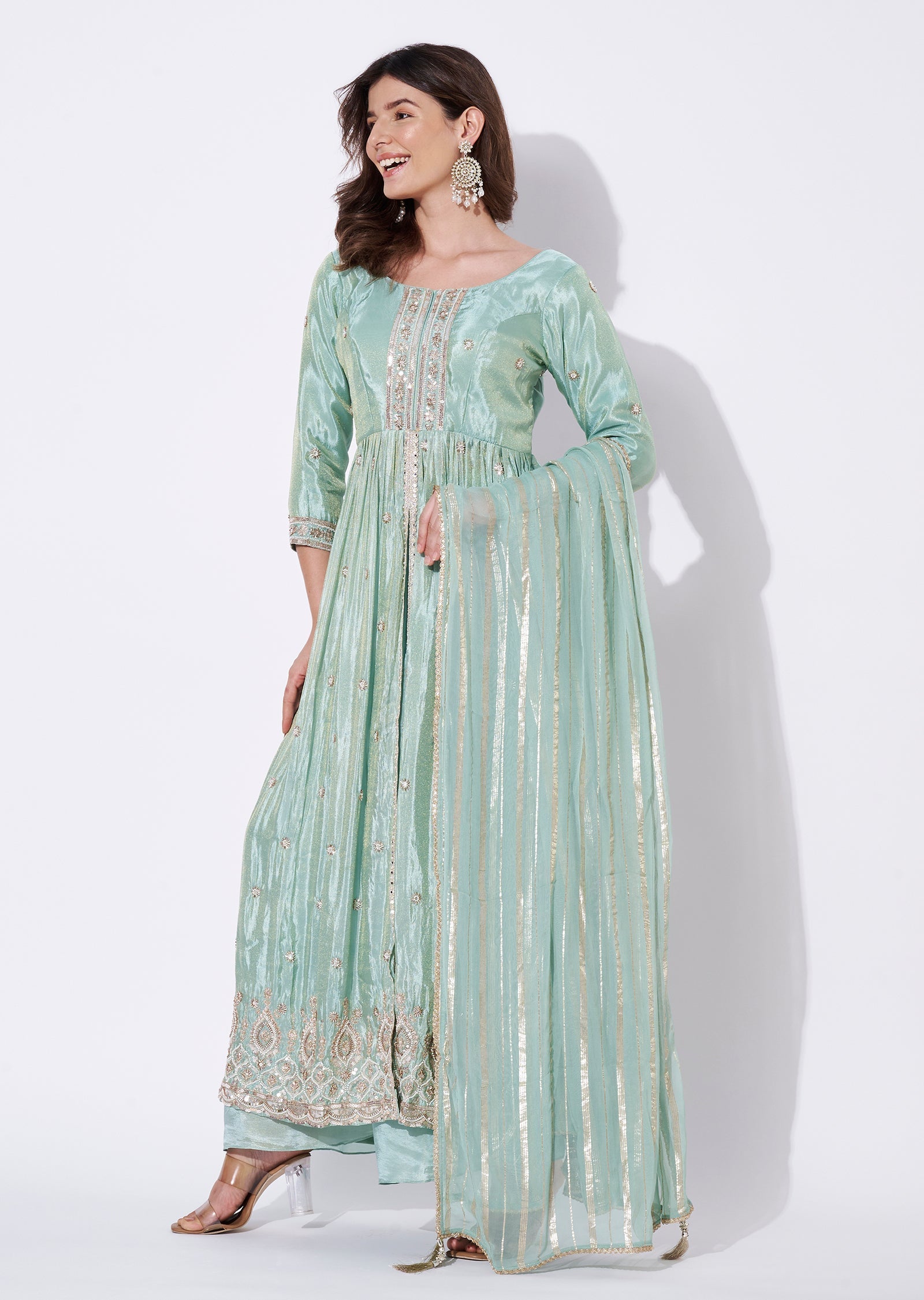 Sea Green Tissue Anarkali Suit