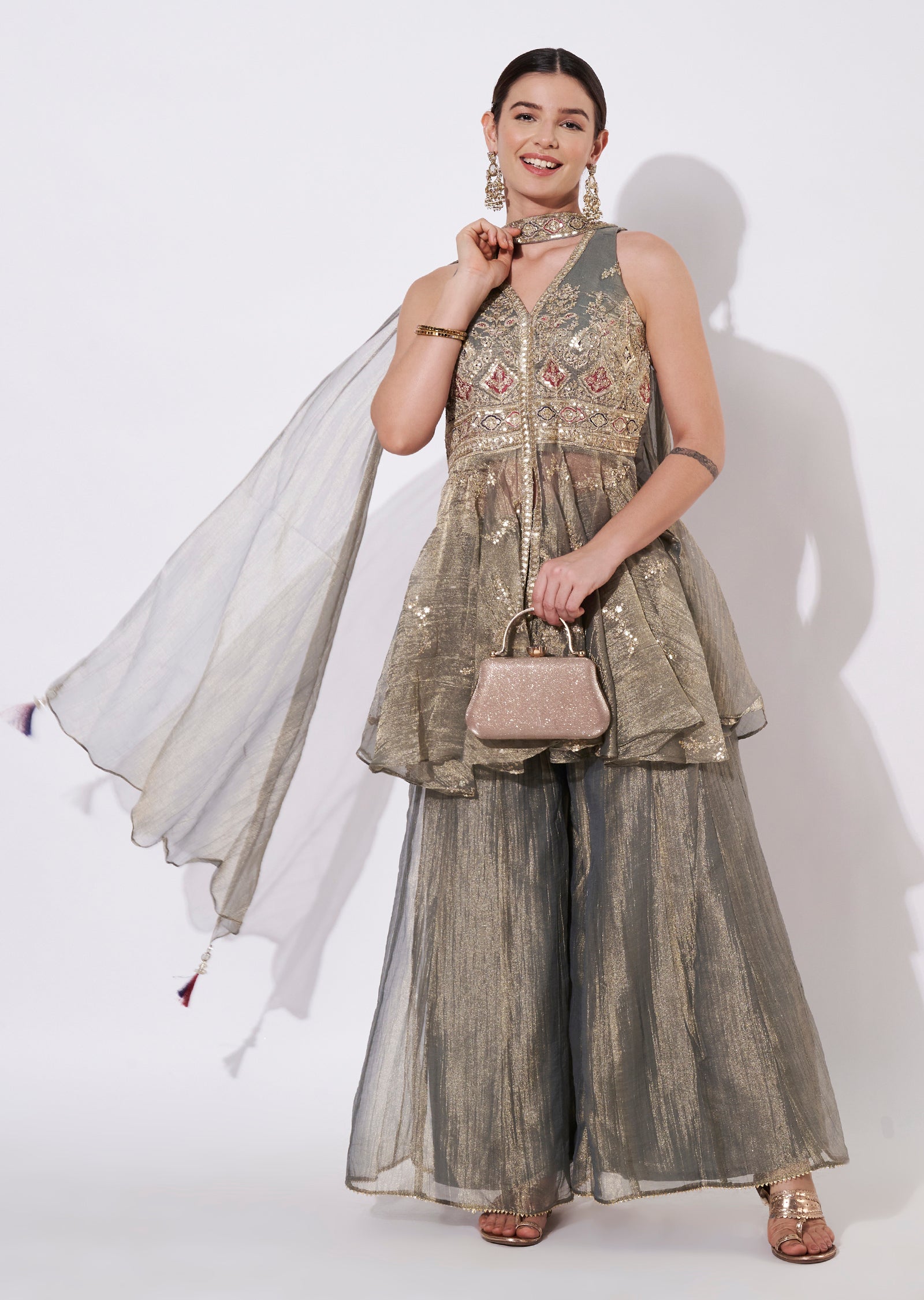 Dusty Green Tissue Sharara Set