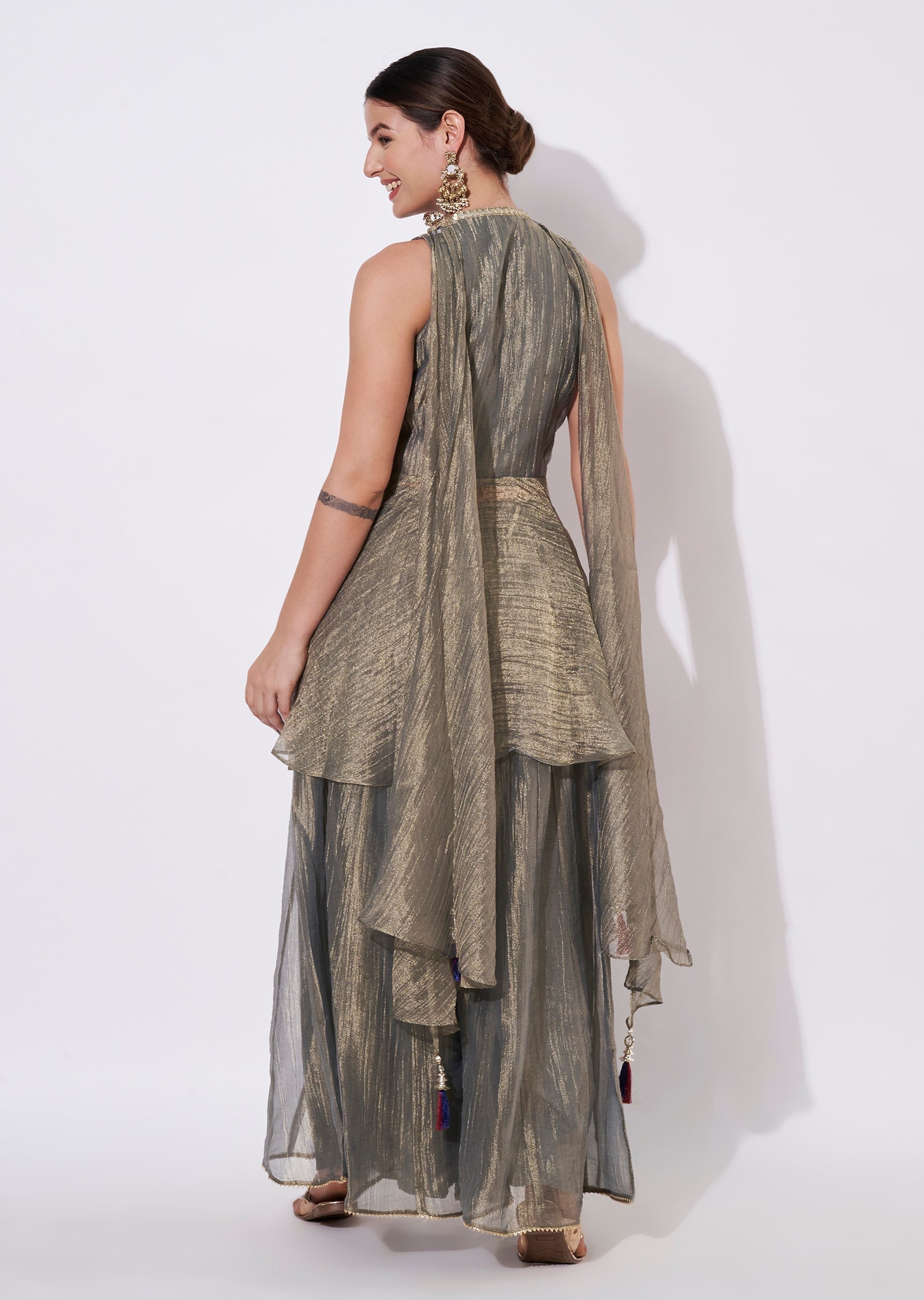 Dusty Green Tissue Sharara Set
