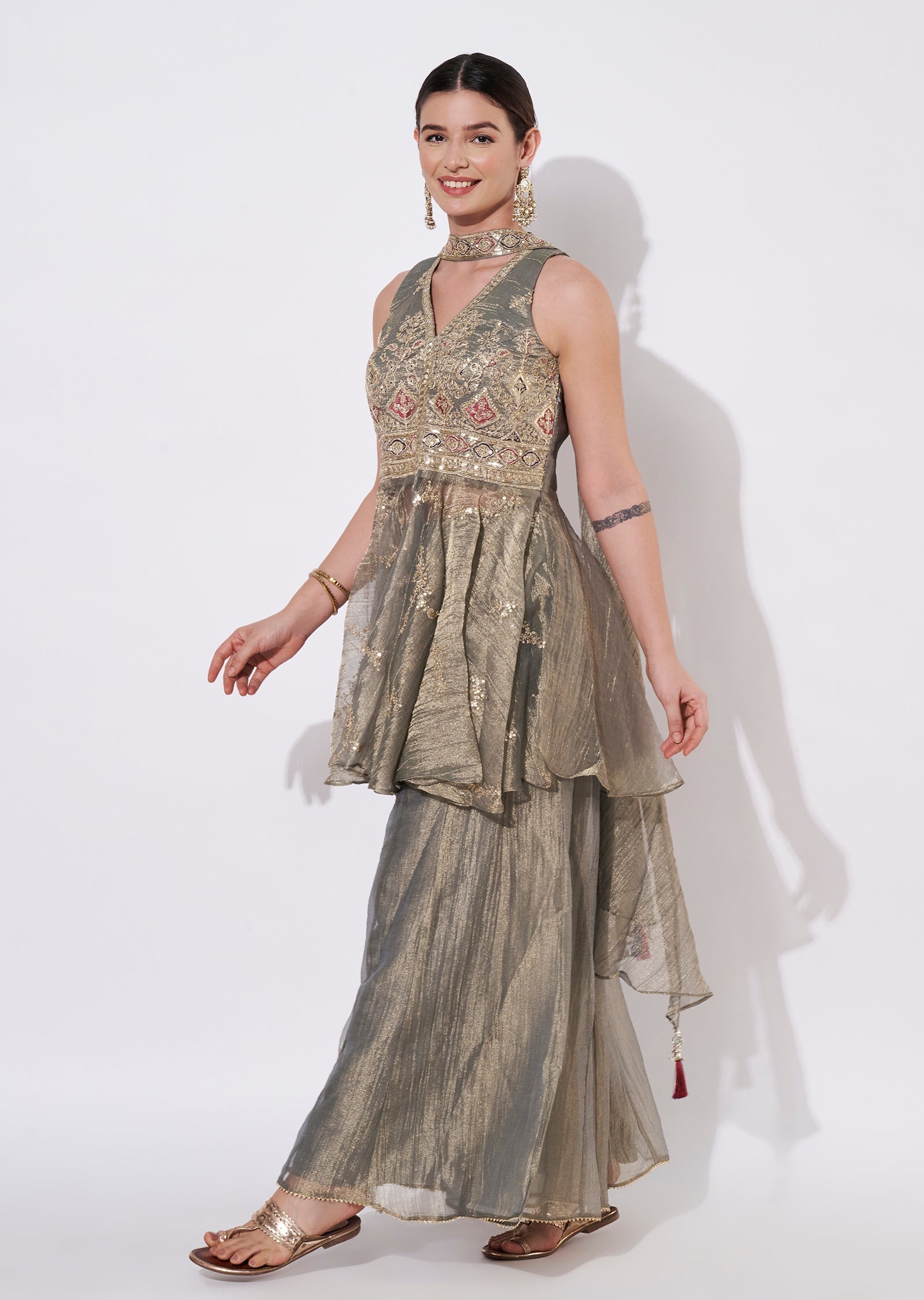 Dusty Green Tissue Sharara Set