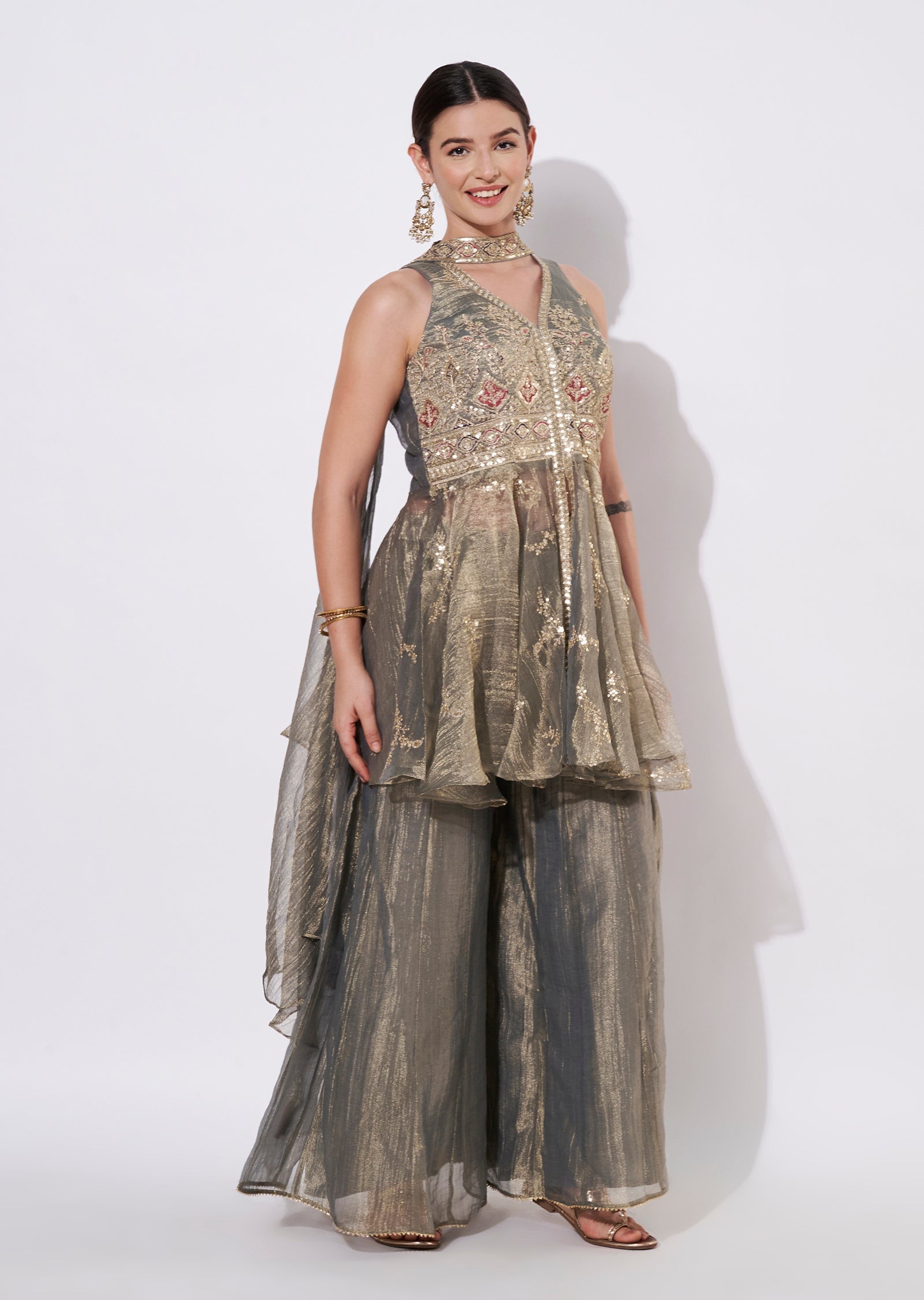 Dusty Green Tissue Sharara Set
