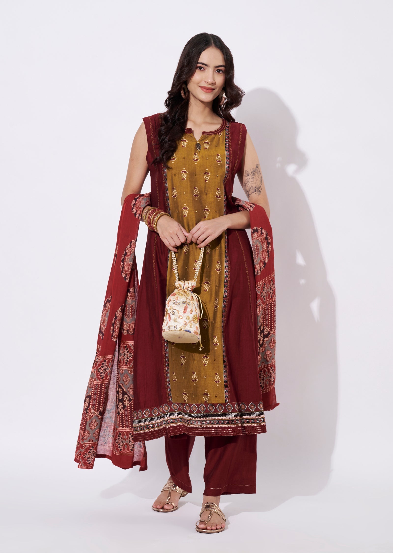 Maroon Gold Kurti Set